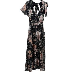 NWT Lulus Floral Velvet Burnout Maxi Dress Black Tie Back V Neck Size XS‎ Fairy